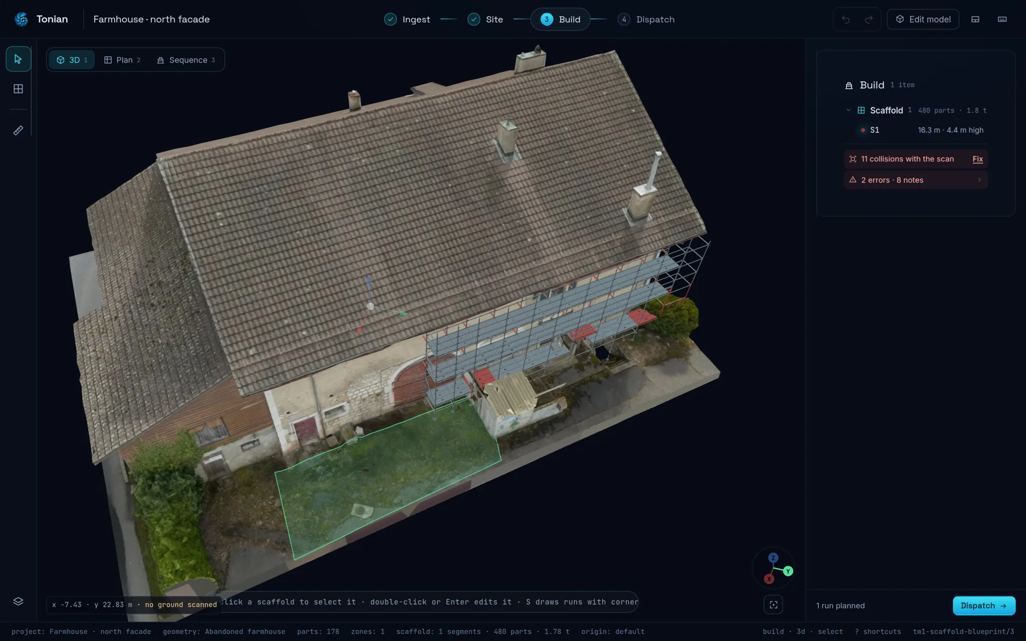 A scaffold planned along the facade of a scanned farmhouse, in 3D