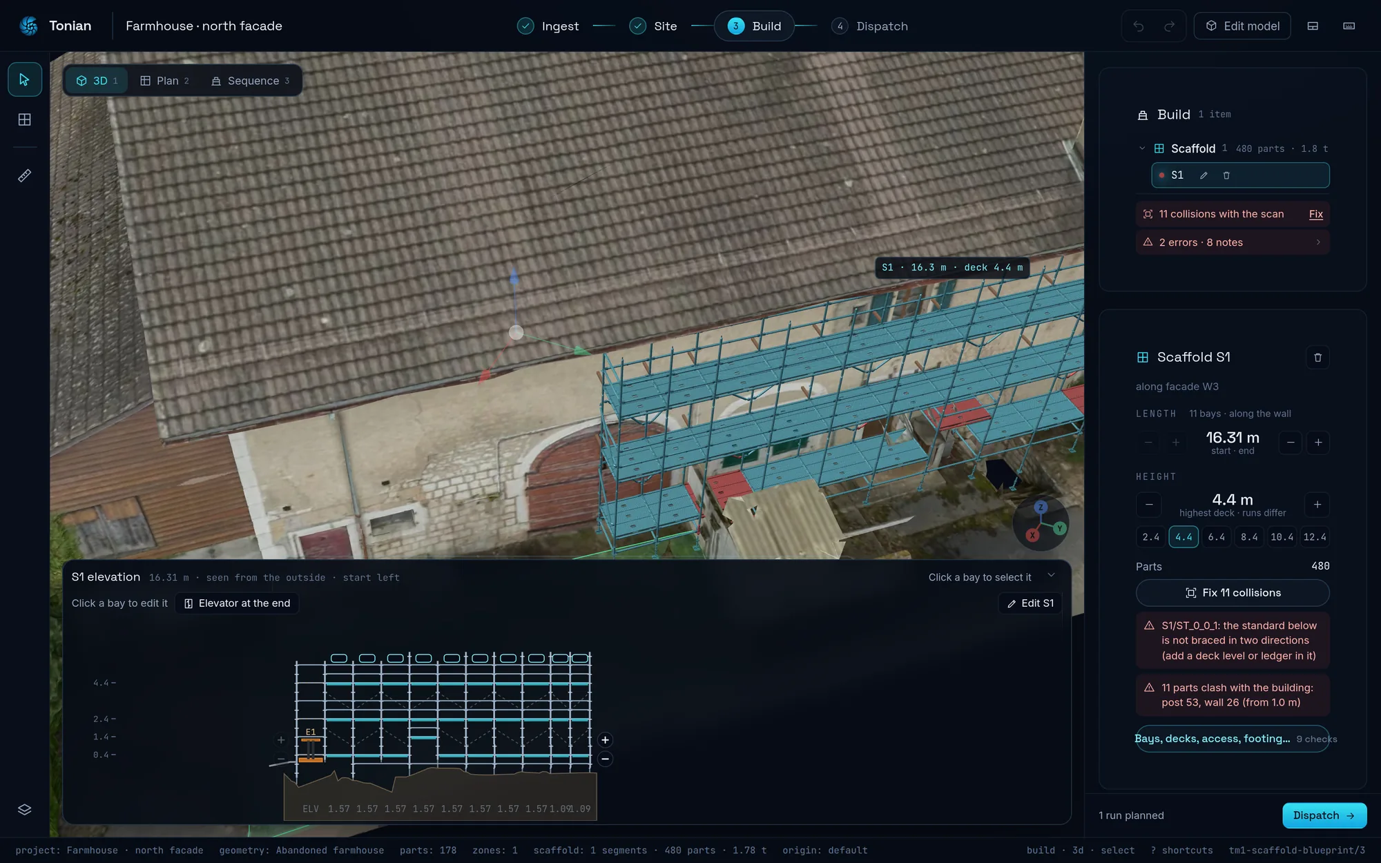 The scaffold editor: bays, decks and heights, with 11 collisions with the scan flagged