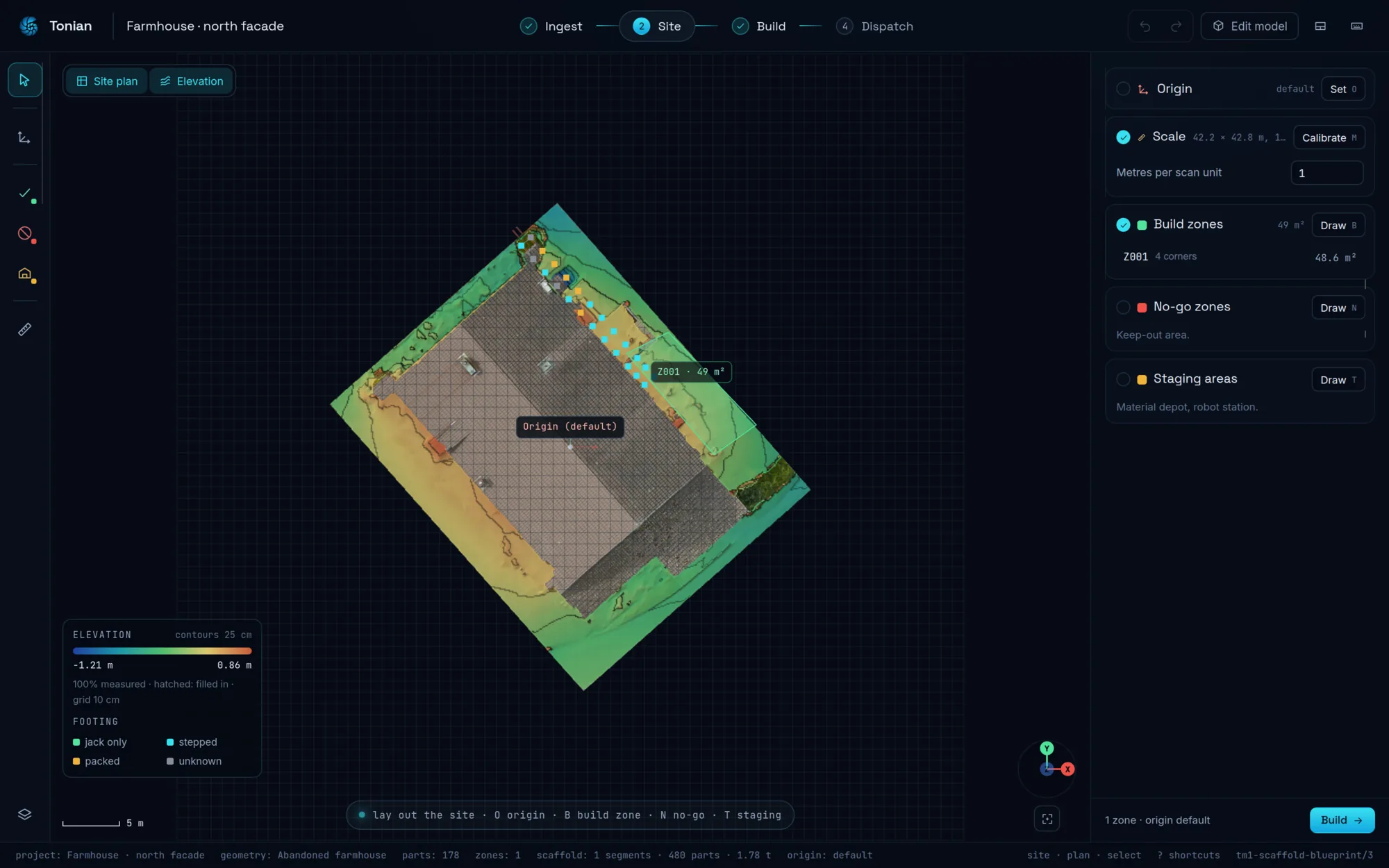 Elevation map of the site in plan view with contour lines and a build zone