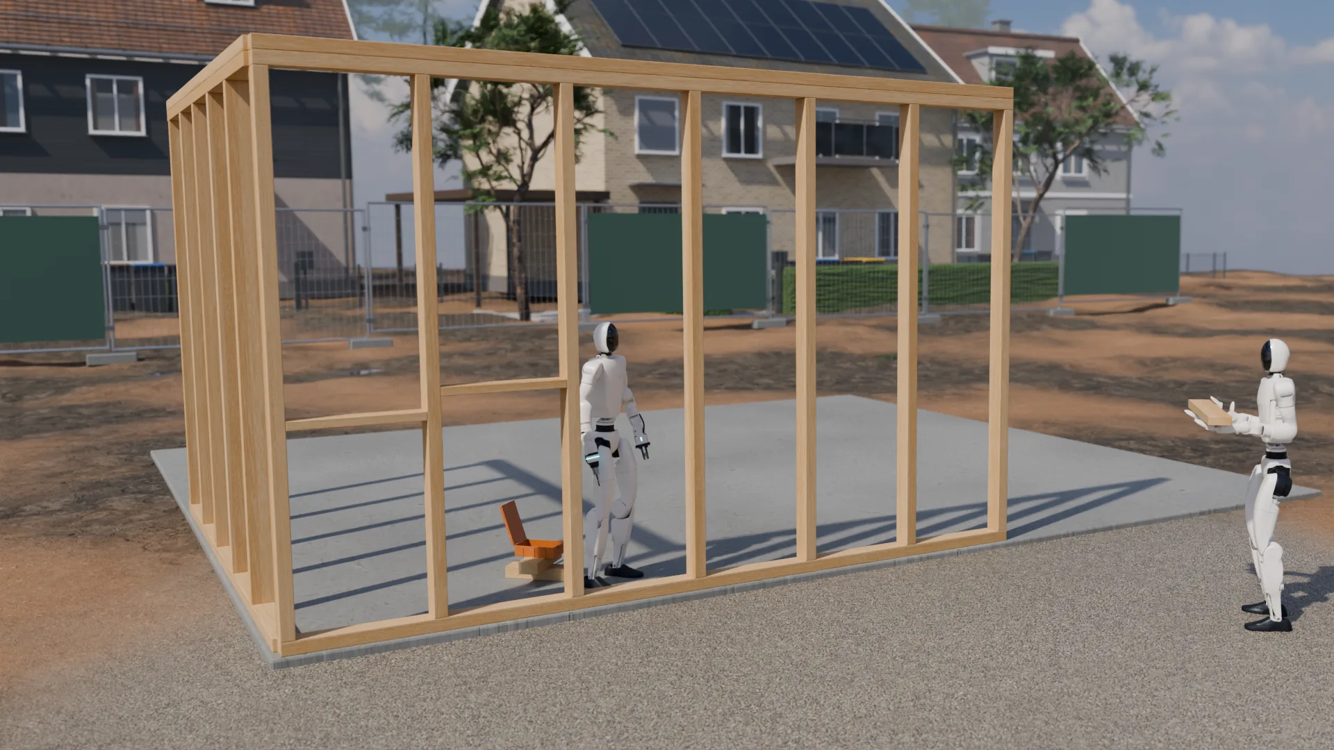 Two humanoids at a timber wall frame on a concrete slab; one carries a noggin